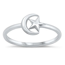 Load image into Gallery viewer, Sterling Silver Rhodium Plated Crescent Moon and Star Ring