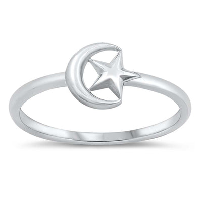 Sterling Silver Rhodium Plated Crescent Moon and Star Ring