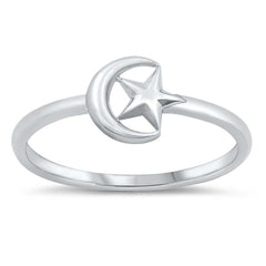 Sterling Silver Rhodium Plated Crescent Moon and Star Ring