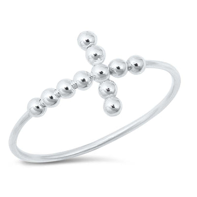 Sterling Silver High Polished Beaded Cross Plain Ring