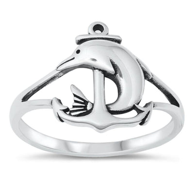 Sterling Silver Dolphins and Anchor Ring - silverdepot
