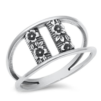 Sterling Silver Oxidized Flowers Ring-11.6mm