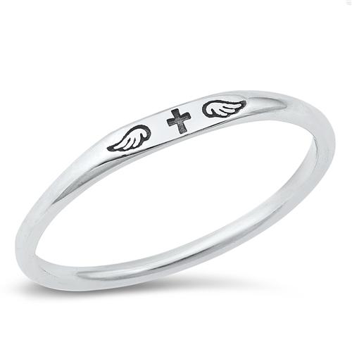 Sterling Silver Oxidized Cross and Wings Ring
