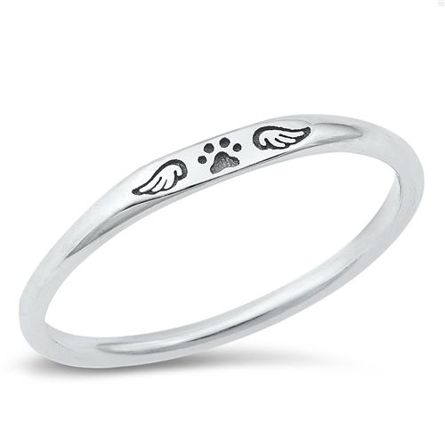 Sterling Silver Oxidized Paw Print and Wings Ring