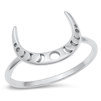 Sterling Silver Rhodium Plated Crescent Moon Phases Ring
