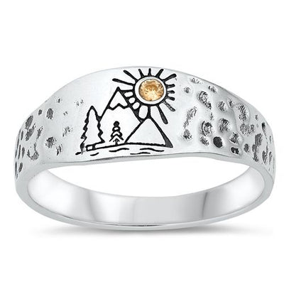 Sterling Silver Oxidized Mountains, Trees, Sun Ring
