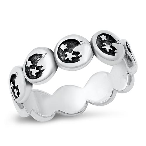 Sterling Silver Oxidized Crescent Moon and Stars Ring