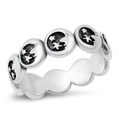 Sterling Silver Oxidized Crescent Moon and Stars Ring