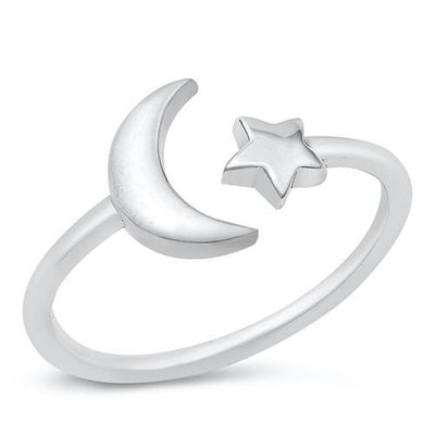 Sterling Silver Oxidized Moon and Star Ring-10mm