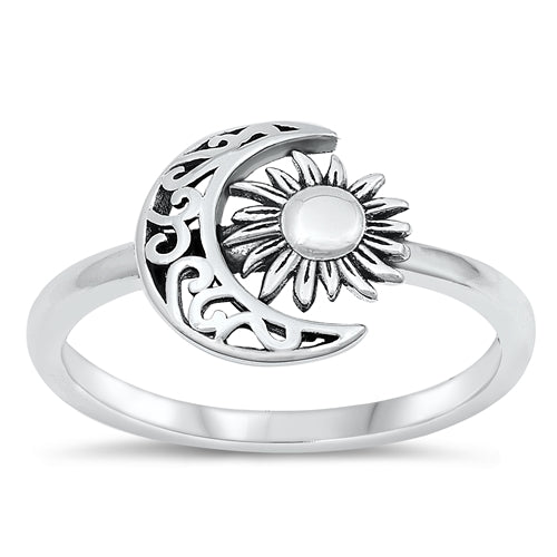 Sterling Silver Oxidized Crescent Moon And Stars Shape Ring