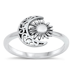 Sterling Silver Oxidized Crescent Moon And Stars Shape Ring