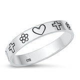 Sterling Silver Oxidized Heart, Cross, Flower Ring
