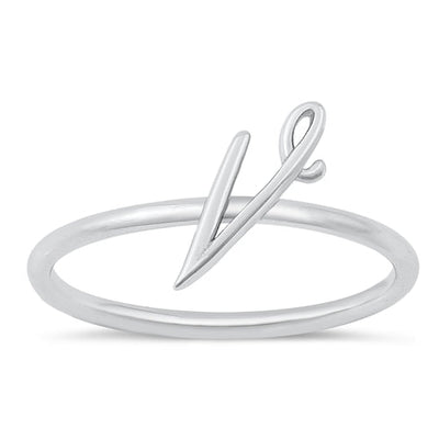Sterling Silver Rhodium Plated Alphabet V Ring