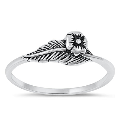 Sterling Silver Oxidized Feather and Flower Ring