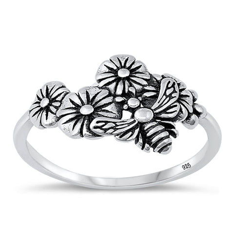 Sterling Silver Oxidized Flowers And Bee Ring