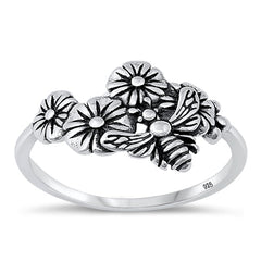 Sterling Silver Oxidized Flowers And Bee Ring