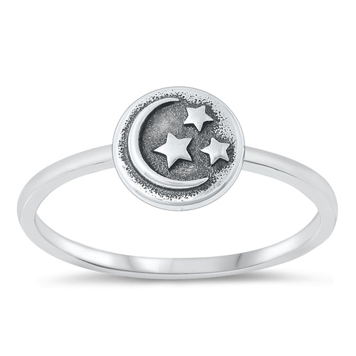 Sterling Silver Oxidized Moon and Stars Ring-8mm