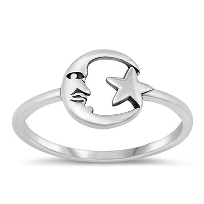 Sterling Silver Oxidized Moon and Star Ring-9.6mm