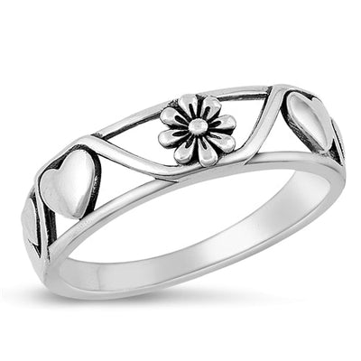 Sterling Silver Oxidized Heart and Flower Ring