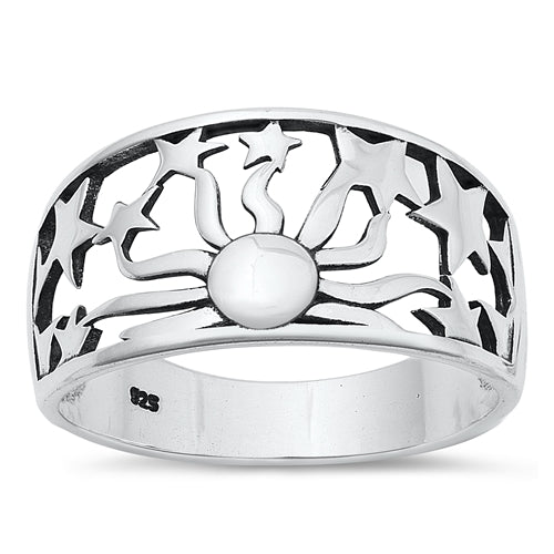 Sterling Silver Oxidized 11.4mm Sun and Stars Ring
