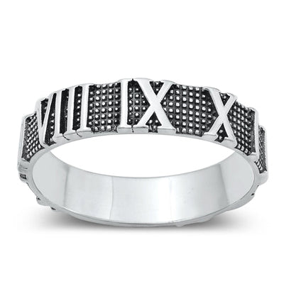 Sterling Silver Oxidized Roman Numerals Ring Face Height-4.8mm