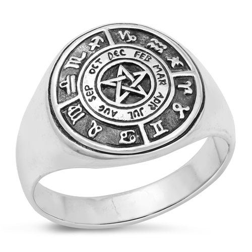Sterling Silver Oxidized Zodiac Chart Mens Ring Face Height-17mm
