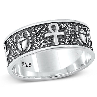 Sterling Silver Oxidized Ankh And Scarab Beetle Plain Ring Face Height-8mm