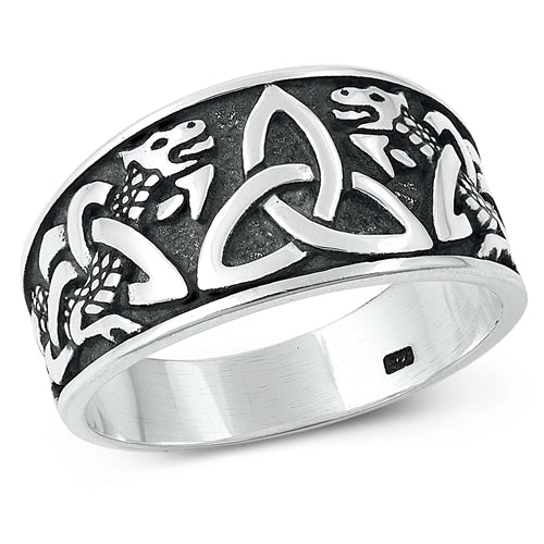 Sterling Silver Oxidized Triquetra and Dragon Plain Ring Face Height-11.8mm