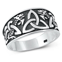 Load image into Gallery viewer, Sterling Silver Oxidized Triquetra and Dragon Plain Ring Face Height-11.8mm