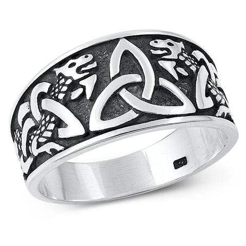 Sterling Silver Oxidized Triquetra and Dragon Plain Ring Face Height-11.8mm