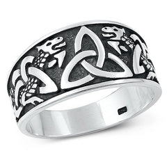 Sterling Silver Oxidized Triquetra and Dragon Plain Ring Face Height-11.8mm