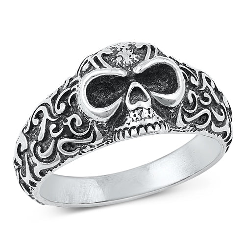 Sterling Silver Oxidized Skull Plain Ring Face Height-12mm