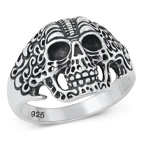Sterling Silver Oxidized Skull Plain Ring Face Height-17mm