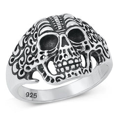 Sterling Silver Oxidized Skull Plain Ring Face Height-17mm