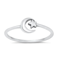 Sterling Silver Oxidized Moon and Star Plain Ring Face Height-6.6mm