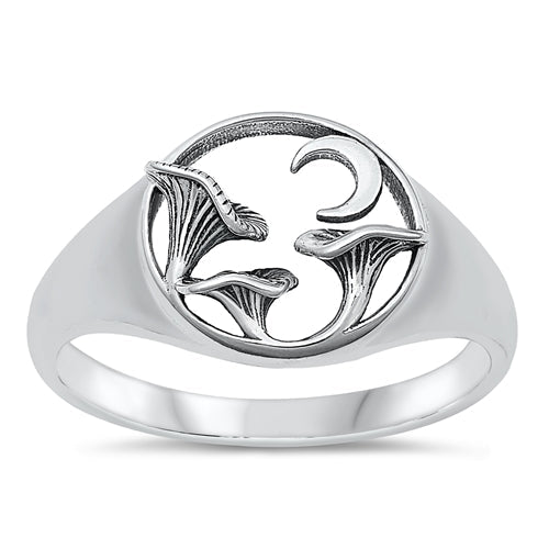 Sterling Silver Oxidized Mushrooms And Moon Plain Ring Face Height-11.9mm
