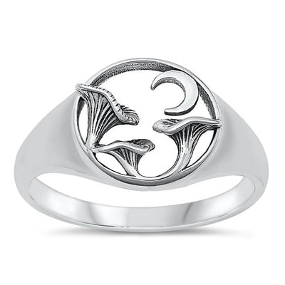 Sterling Silver Oxidized Mushrooms And Moon Plain Ring Face Height-11.9mm