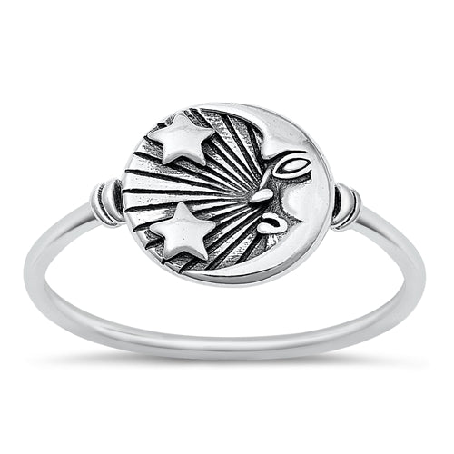 Sterling Silver Oxidized Moon and Stars Plain Ring Face Height-10.5mm