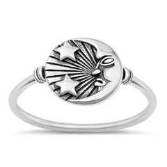 Sterling Silver Oxidized Moon and Stars Plain Ring Face Height-10.5mm