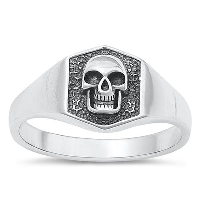 Sterling Silver Oxidized Skull Plain Ring Face Height-10.4mm