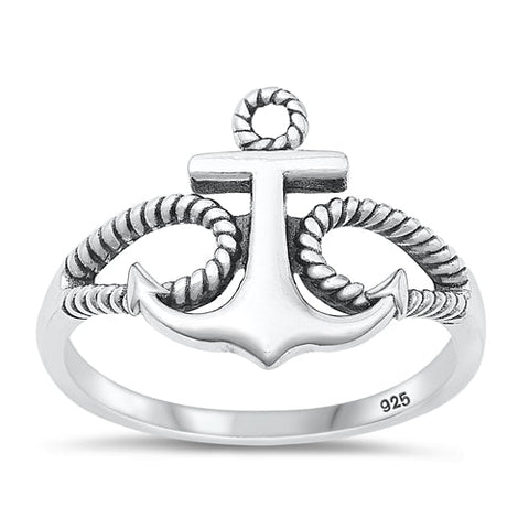 Sterling Silver Oxidized Anchor Plain Ring Face Height-14.9mm