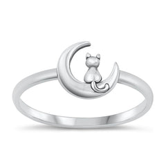 Sterling Silver Oxidized Cat And Moon Plain Ring Face Height-8.4mm