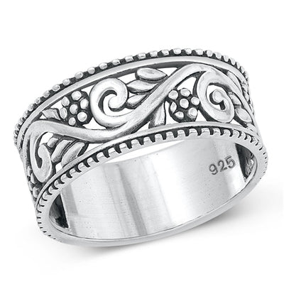 Sterling Silver Oxidized Vines Plain Ring Face Height-9.7mm