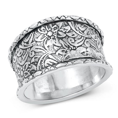 Sterling Silver Oxidized Flowers Plain Ring Face Height-13.5mm