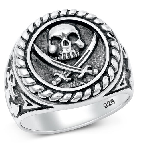 Sterling Silver Oxidized Skull And Swords Plain Ring Face Height-20.3mm