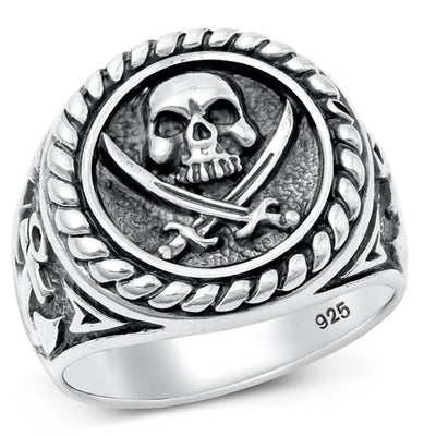 Sterling Silver Oxidized Skull And Swords Plain Ring Face Height-20.3mm