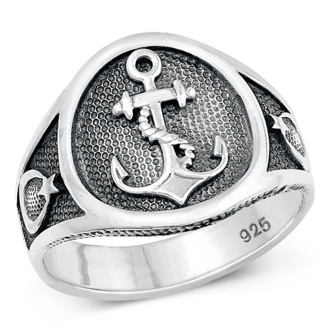 Sterling Silver Oxidized Anchor Plain Ring Face Height-18.1mm