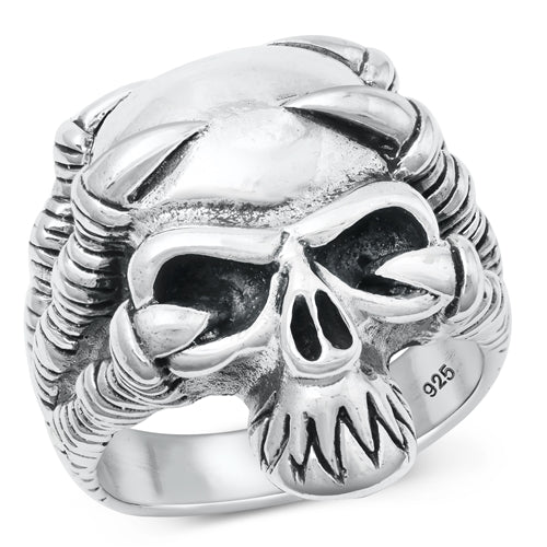 Sterling Silver Oxidized Skull And Claws Plain Ring Face Height-27.6mm