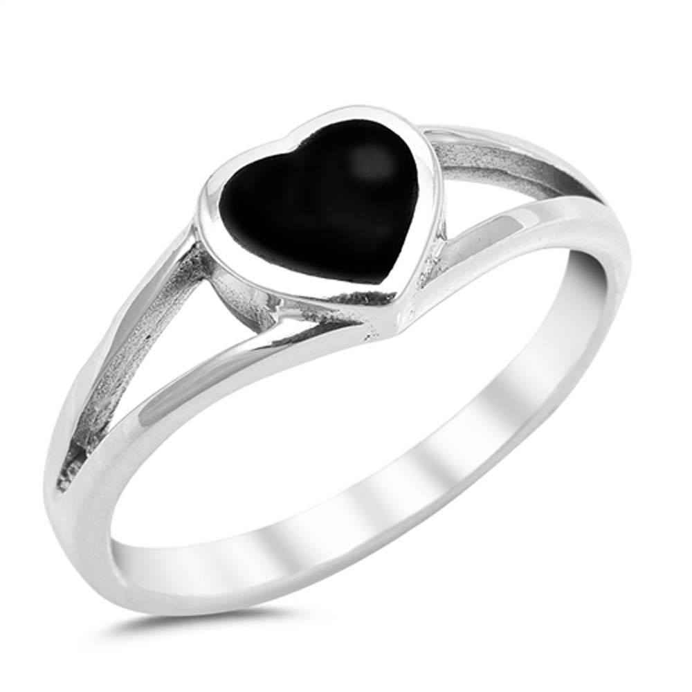 Sterling Silver Heart Black Onyx Split Band Ring with Ring Face Height of 7MM
