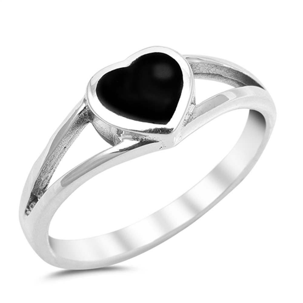 Sterling Silver Fancy Heart Black Onyx Split Band Ring with Ring Face Height of 7MM